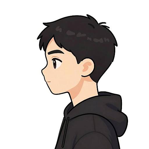 Digital drawing of a young boy with short black hair, fair skin, wearing a black hoodie, in profile view, white background.