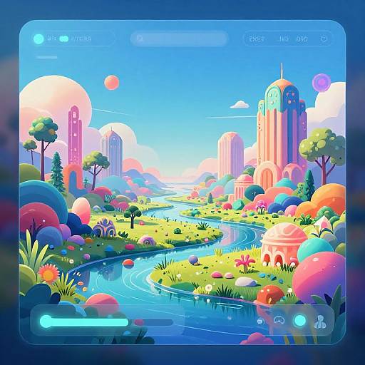 Vibrant digital landscape with a winding blue river, colorful hills, and futuristic pink and blue skyscrapers under a bright blue sky.