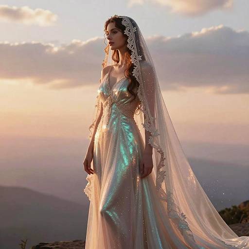 Bride in Iridescent Teal and Rose-Gold Wedding Dress with Veil