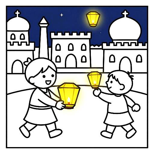Children with Lanterns Festival of Lights Coloring Page