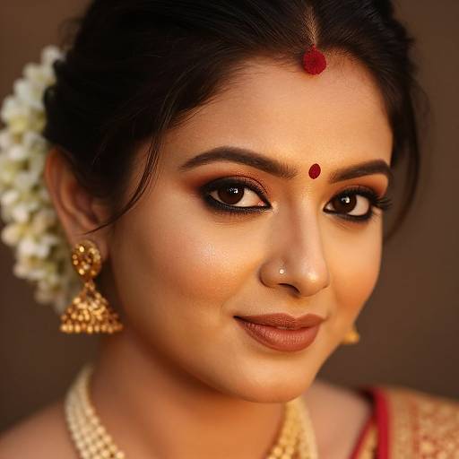 Photograph of a beautiful South Asian woman with dark hair, adorned with a red bindi, gold earrings, pearl necklace, and red saree,