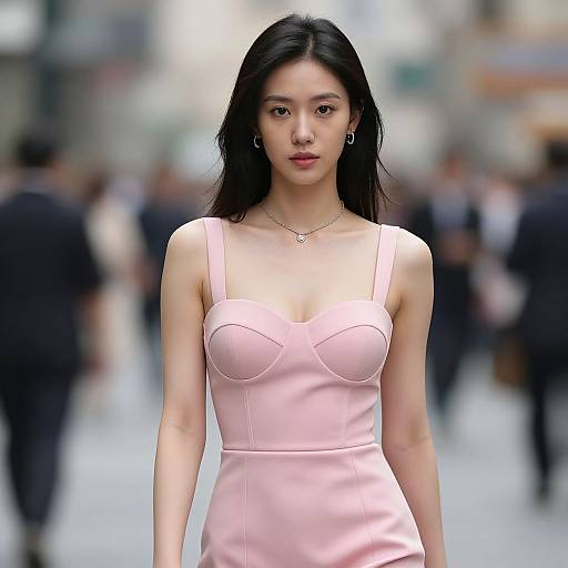 Photograph of an Asian woman with long black hair, wearing a pale pink, strapless dress with a heart-shaped bust, standing in a blurred urban