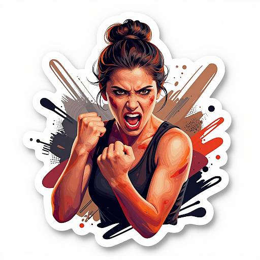 Digital illustration of an angry, dark-haired woman with her hair in a bun, wearing a black tank top, fists raised, fierce expression, splashes