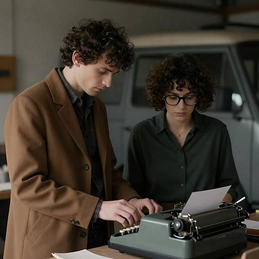 Man and Woman Using Vintage Typewriter