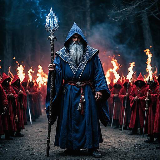 Wizard with Enchanted Ice Staff Facing Fireborne Army