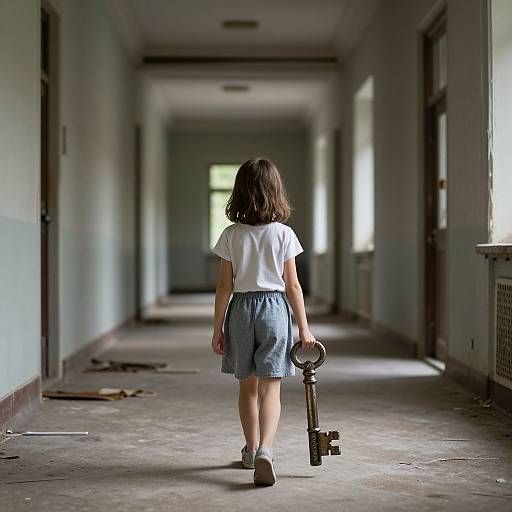 Photograph of a young girl with brown hair in a white shirt and blue shorts, holding an old key, walking down a long, dimly lit