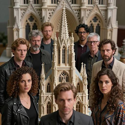 Group of People Around Gothic Cathedral Model