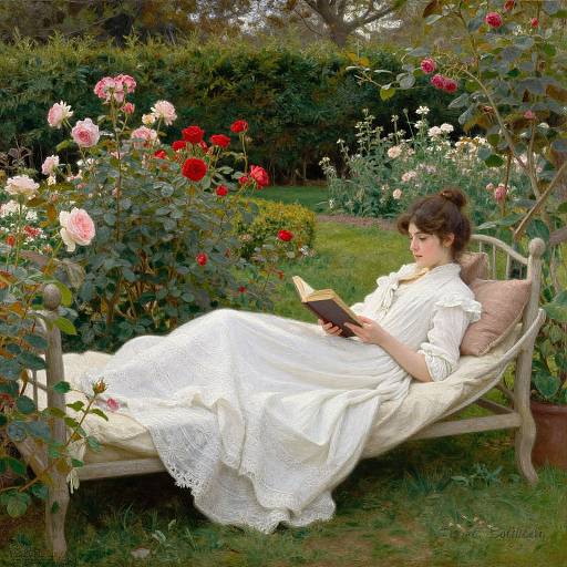 Photograph of a Victorian-style painting: A woman in a white lace dress reads on a garden bench surrounded by blooming roses.