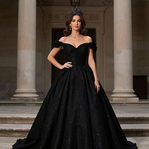 Photograph of a brunette woman in an off-shoulder black ball gown with a sparkly texture, wearing a black crown, standing in front of