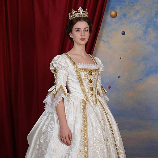 Photograph of a fair-skinned woman in an ornate white and gold royal dress, wearing a gold crown, against a red curtain and blue sky