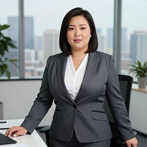 Photograph of an Asian woman with shoulder-length black hair, wearing a gray suit and white blouse, sitting in a modern office with cityscape background,