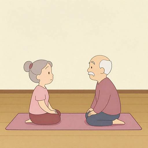 Elderly Neighbors Doing Yoga Gouache Illustration