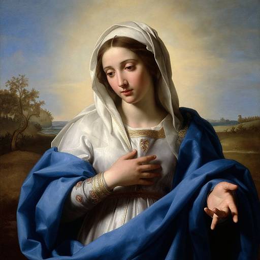 Digital painting of the Virgin Mary with a serene expression, wearing a white veil, blue cloak, and gold-embroidered white dress, against a