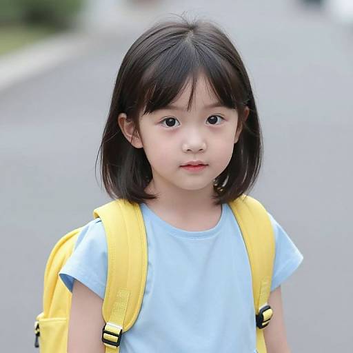 Photograph of an Asian young girl with straight black hair, wearing a light blue shirt and yellow backpack, standing on a blurred, outdoor street.
