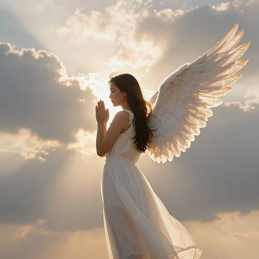 Photograph of a dark-haired angelic woman in a white dress with large, glowing white wings, praying against a sunlit, cloudy sky.
