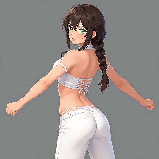 Digital anime-style drawing of a young woman with green eyes, black braided hair, wearing a white crop top and tight white pants, looking back over