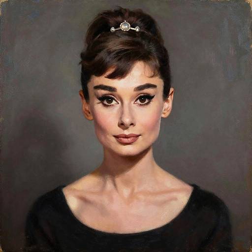Digital portrait of a fair-skinned woman with dark brown hair in an updo, wearing a black top and a tiara, against a dark,
