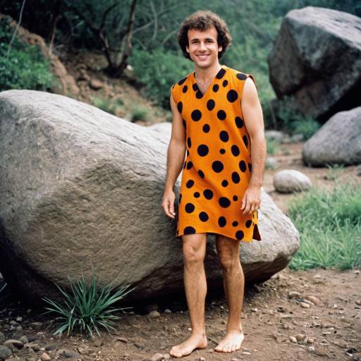 Man in Orange Spotted Caveman Tunic Outdoors