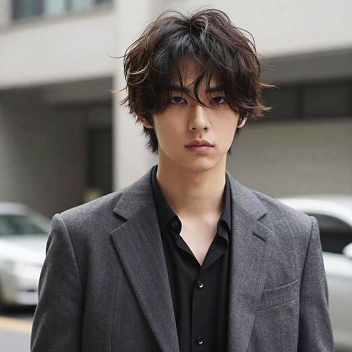 Photograph of an Asian man with messy black hair, wearing a gray blazer over a black shirt, standing in an urban setting with blurred cars and