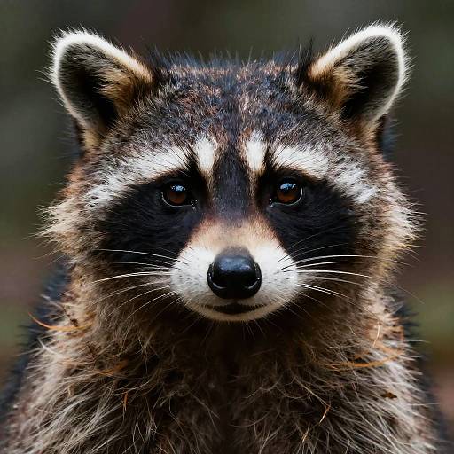 Close-up photograph of a raccoon with detailed fur texture, dark eyes, and white facial markings, against a blurred forest background.
