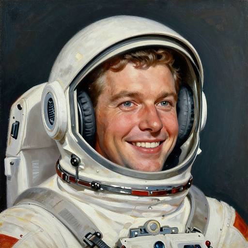 Photorealistic portrait of a smiling Caucasian man in a white space suit with a clear helmet against a dark background.