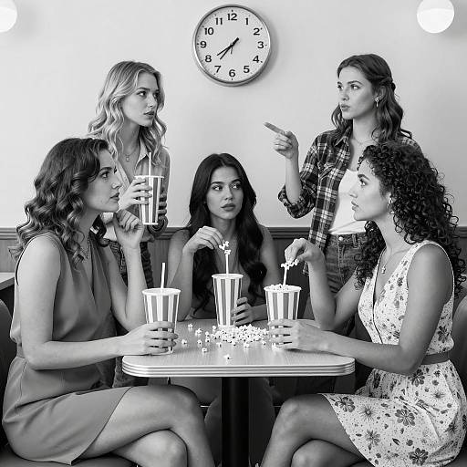 Group of Women in Diner with Soda and Popcorn