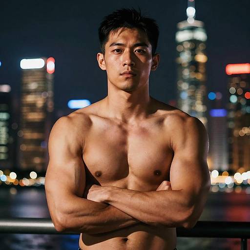 Photograph of a muscular, shirtless Asian man with short black hair, standing with arms crossed, against a nighttime city skyline with illuminated skyscrapers