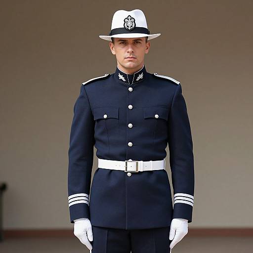 Photograph of a young man in a navy blue naval officer uniform with white gloves, belt, and hat, standing against a plain, beige background.