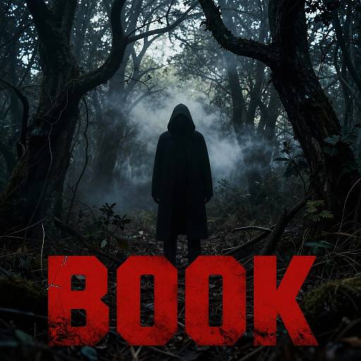 Mysterious forest silhouette in dark hooded cloak, backlit by misty light, with bold red 