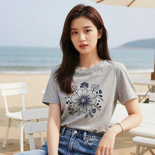 Coastal Chic Woman in Heather Grey T-Shirt