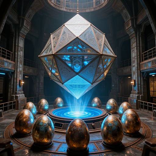 Photograph of a futuristic, dimly-lit chamber with a glowing blue central fountain, surrounded by metallic spheres and an ornate, illuminated geometric structure