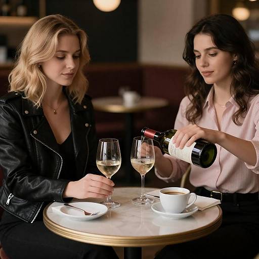 Dimly Lit Cafe: Two Women Drinking