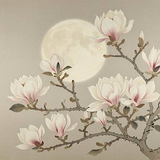 Digital art of white and pink magnolia blossoms on dark branches against a large, glowing full moon in a pale grey sky.