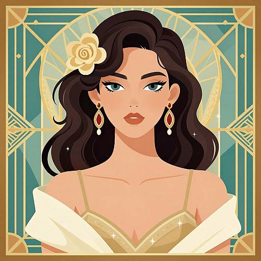 Digital illustration of a fair-skinned woman with black wavy hair, a yellow flower, red earrings, and off-shoulder white dress, against