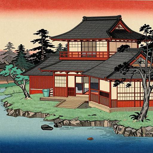 Digital drawing of a traditional Japanese house with red wooden walls and black roof, situated by a calm blue river, surrounded by green grass and trees, under