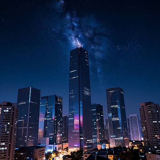 Photograph of a city skyline at night, featuring a tall skyscraper with the Milky Way galaxy visible above, surrounded by illuminated office buildings and vibrant neon