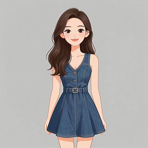 Digital anime-style drawing of a smiling woman with long brown hair, wearing a blue denim dress with buttons and a belt, against a light blue background.