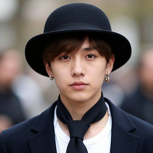 Photograph of an Asian male with fair skin, wearing a black bowler hat, black suit, white shirt, and black tie, with small gold
