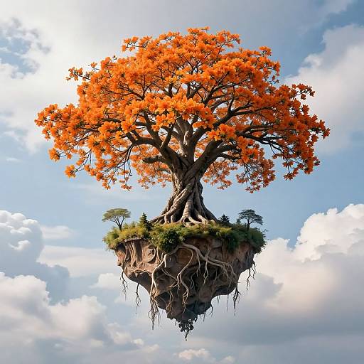 Digital artwork of a floating tree with bright orange leaves, roots anchored to a small floating island, set against a blue sky with fluffy white clouds.