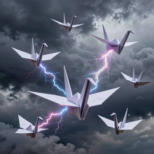Digital artwork of seven white paper airplanes flying in a V formation, illuminated by electric blue and pink lightning against a stormy, cloud-filled sky.