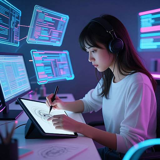 Photograph of a focused young woman with long black hair, wearing a white sweater and headphones, drawing on a tablet in a neon-lit, tech