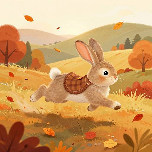 Digital illustration of a cute, brown-furred rabbit with a plaid vest, running through an autumnal field with falling leaves and colorful trees in the