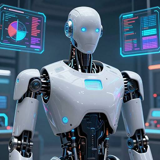 CGI image of a sleek, white humanoid robot with glowing blue eyes and chest panel, standing in a futuristic control room with neon-lit screens in