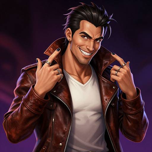 Digital art of a smiling, dark-haired man in a leather jacket, white shirt, and multiple rings, flashing rock signs against a purple background.