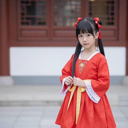 Photograph of an Asian girl with black pigtails, wearing a red traditional dress with white lace and yellow ribbon, standing in front of a red