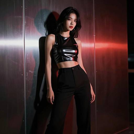 Woman in Shiny Black Crop Top and High-Waisted Pants