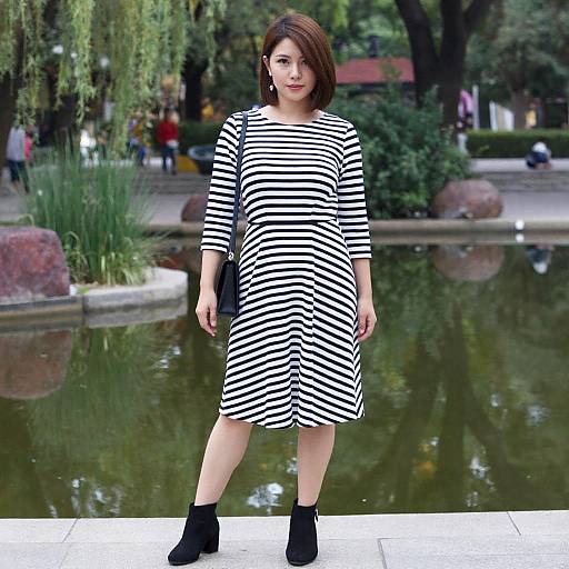 Photograph of an Asian woman with short brown hair, wearing a black-and-white striped dress and black ankle boots, standing by a park pond.