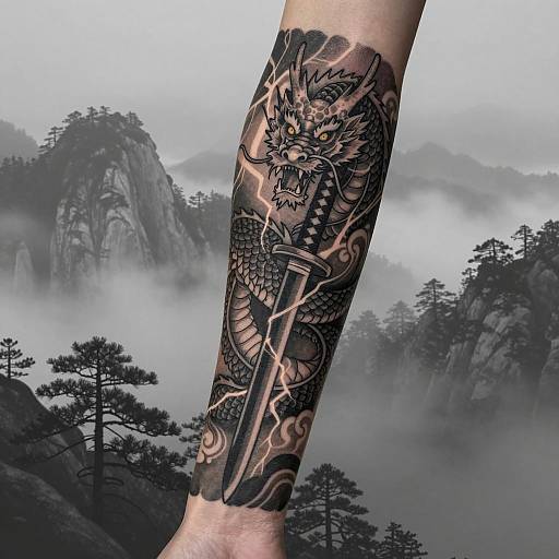 Dragon and Katana Full-Arm Sleeve Tattoo