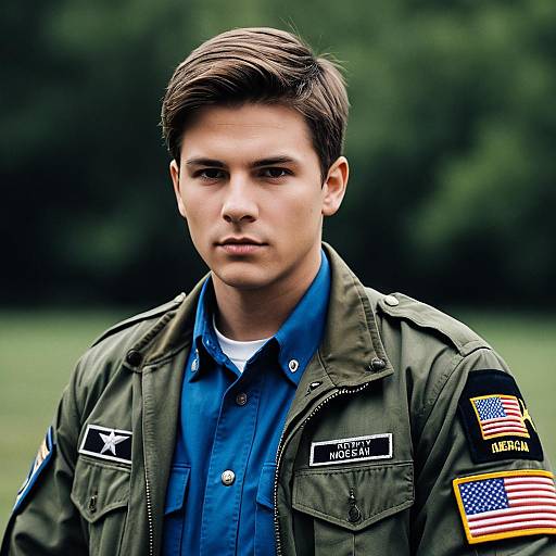 Portrait of Young Man in Military Costume Outdoors