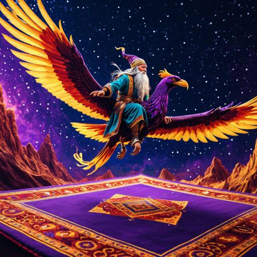 Wizard Riding a Giant Phoenix Above a Flying Carpet